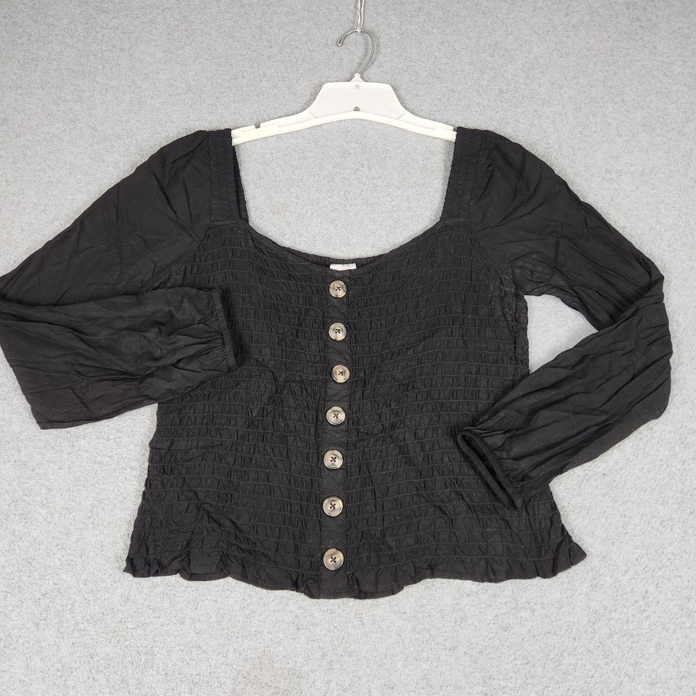 No Boundaries Top Womens L Black Smocked Square Neck Long Sleeve Button Front